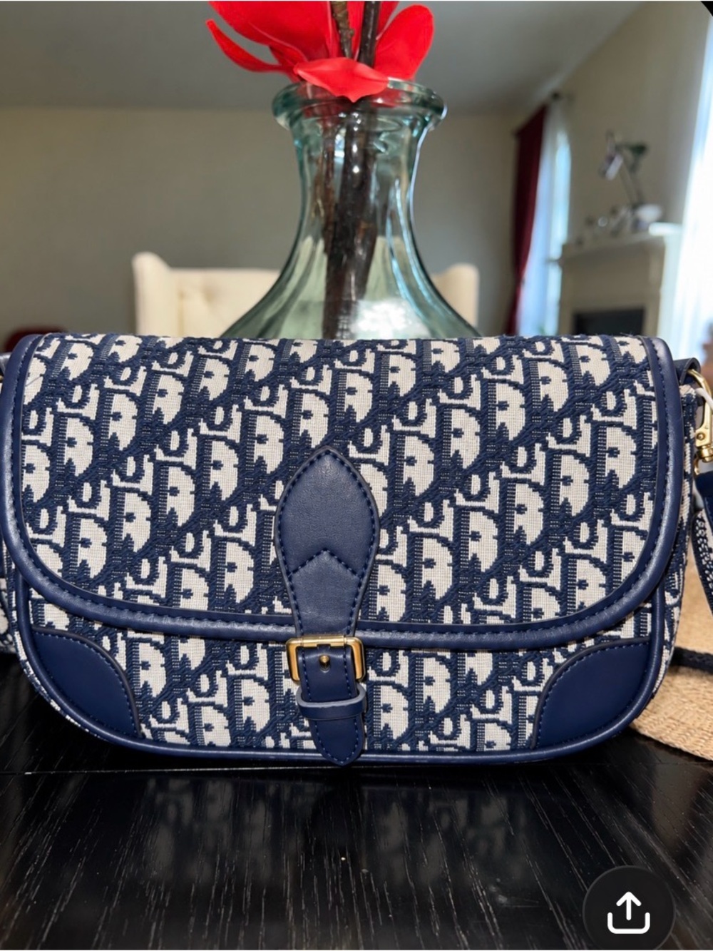 Blue Oblique Jacquard Crossbody Saddle Bag